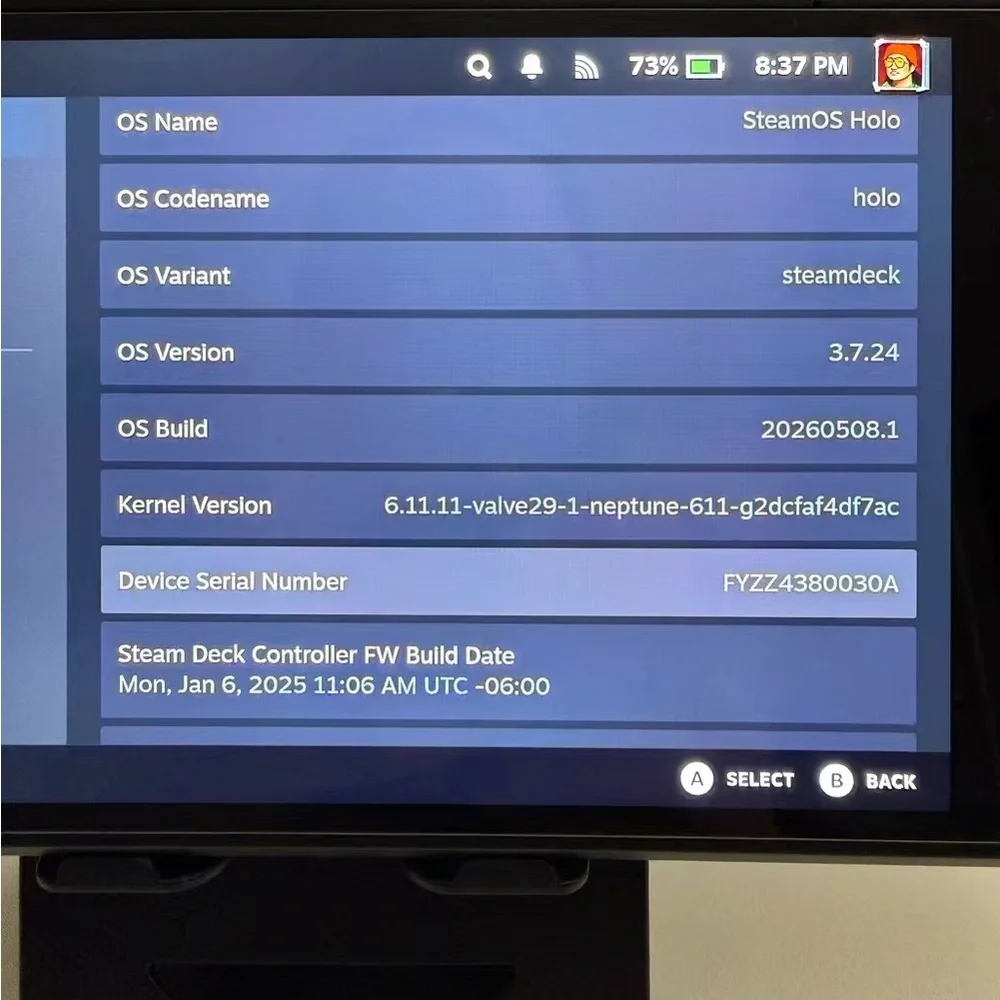 Valve Steam Deck - Black Console Displaying System Info